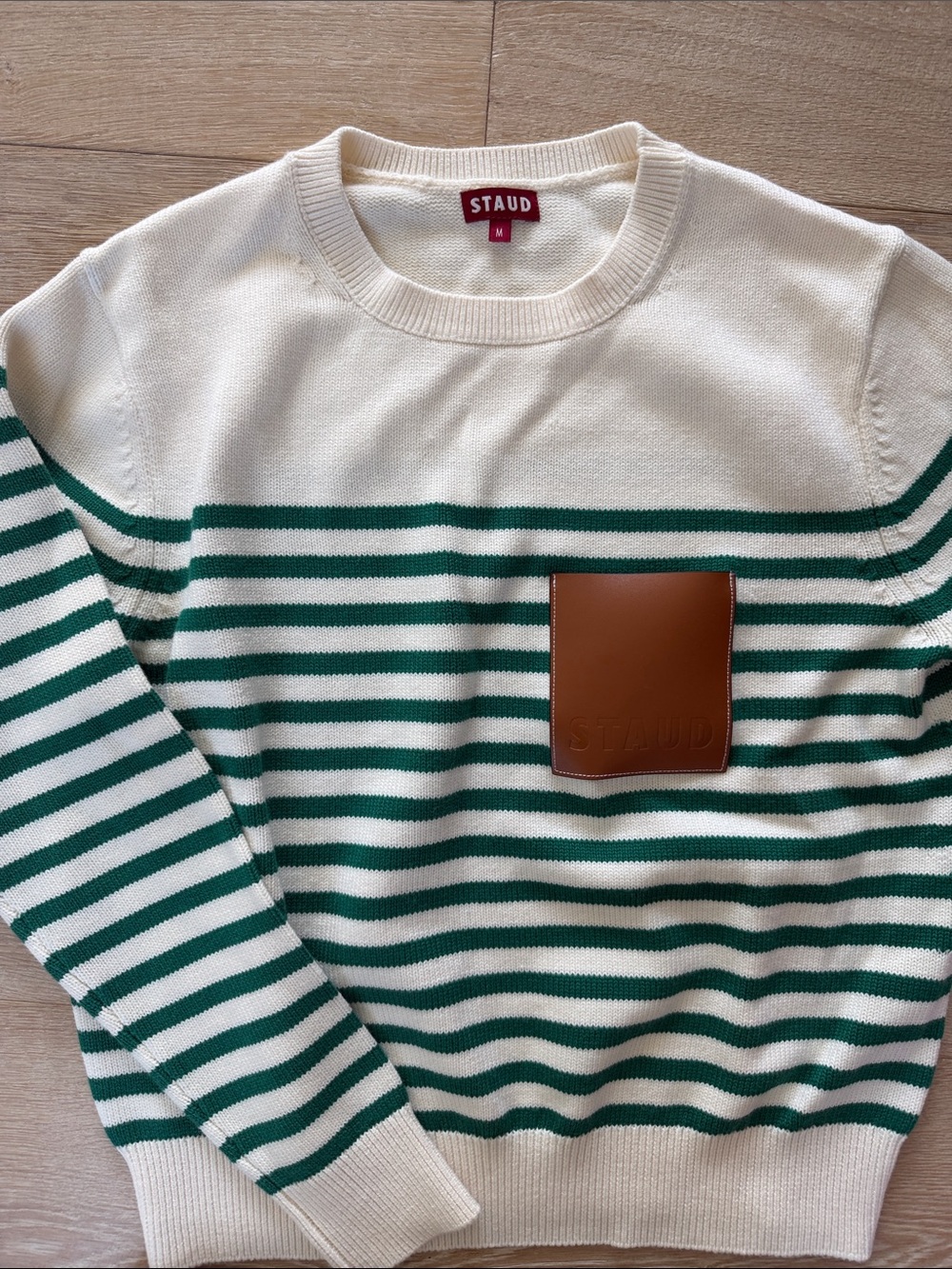 STAUD Green and White Striped Leather-Patch Crewneck Sweater
